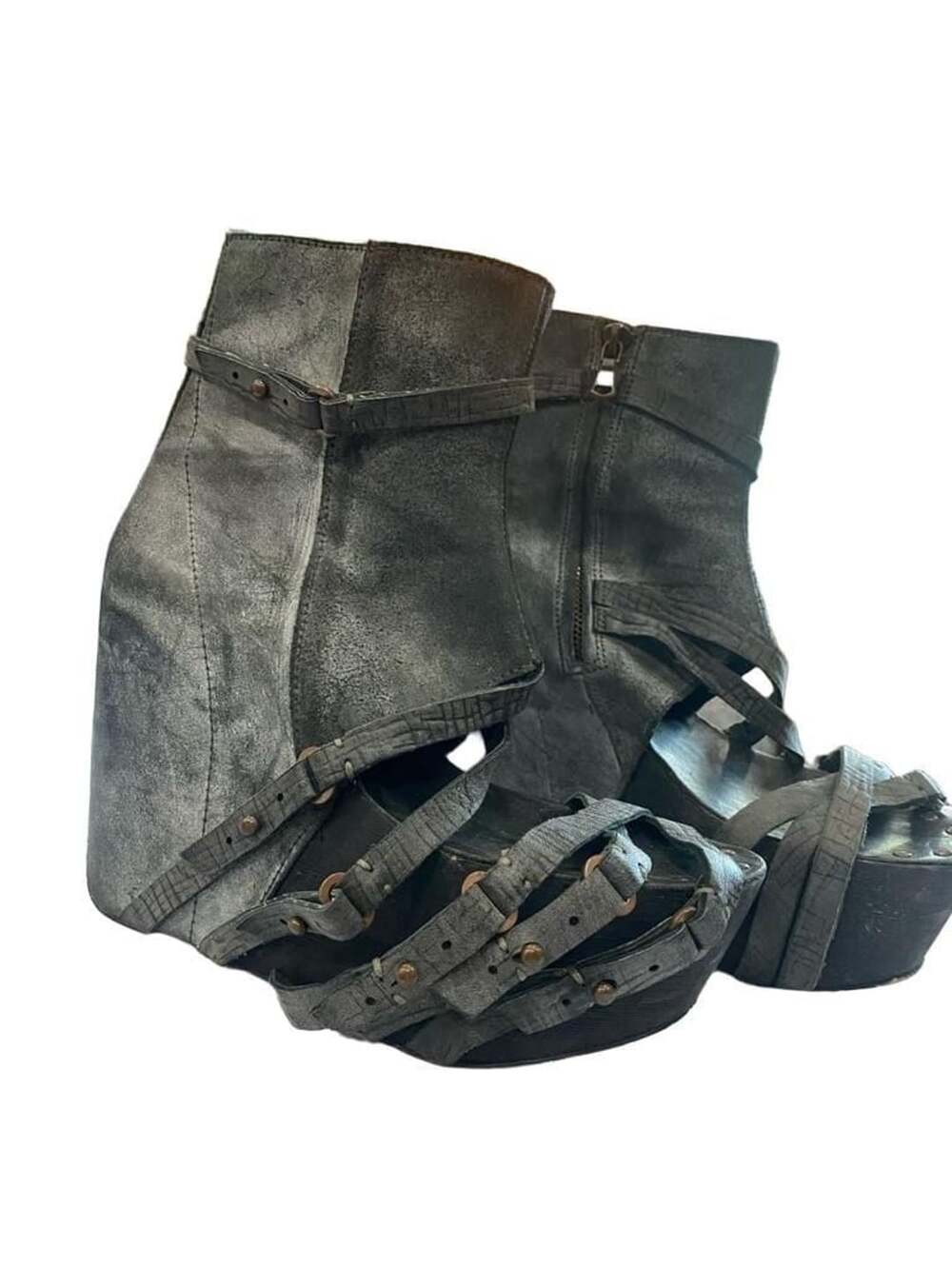 Joe's Jeans Strappy Wedge Bootie Size 7 Grey Leather Open Toe